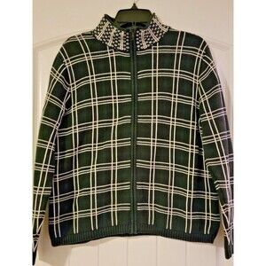 Talbots Women Sweater Cardigan Knit Full Zip Check Cotton Black White Size L